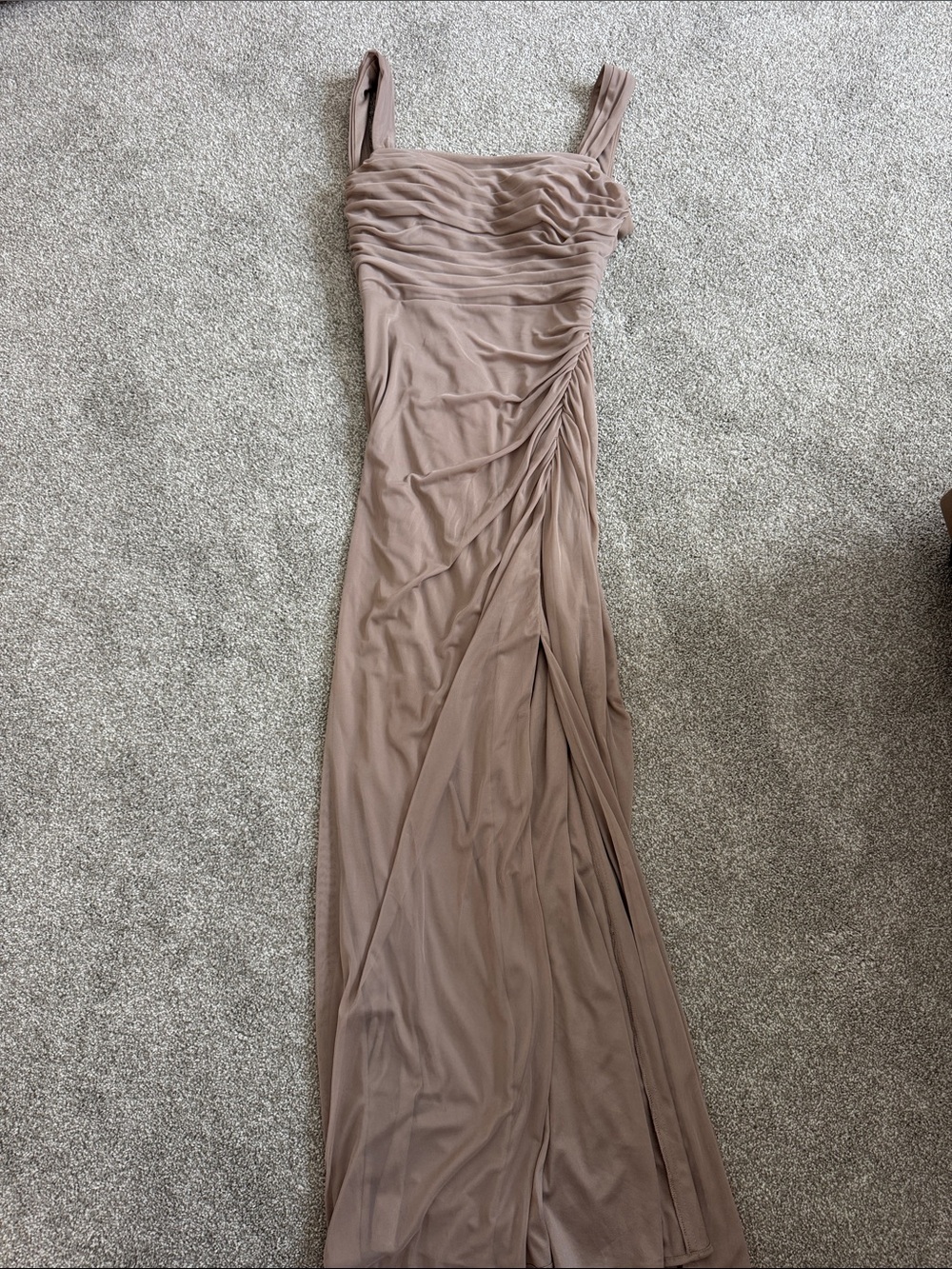 Azazie Taupe Ruched Sleeveless Maxi Dress